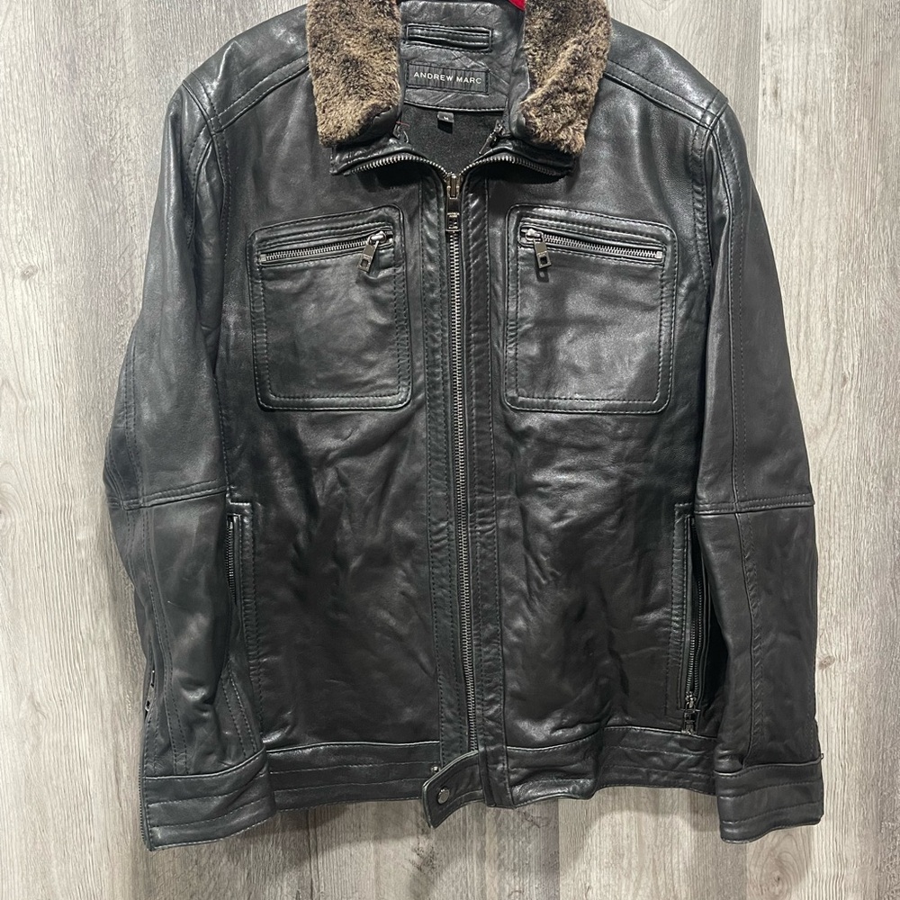 Andrew Marc Black Leather Jacket with Brown Faux Fur Collar
